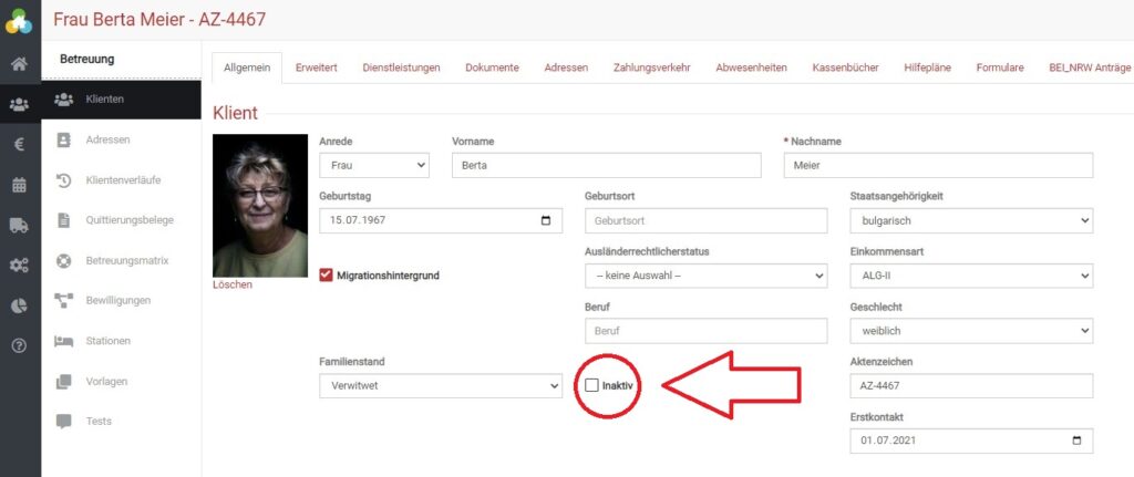 Eine:n Klient:in inaktiv setzen in BEWO-Online