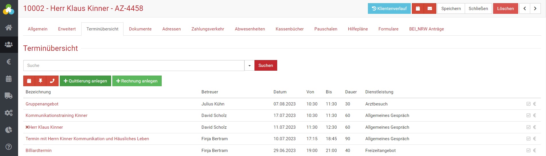 Terminübersicht der Dienstleistungen in BEWO-Online