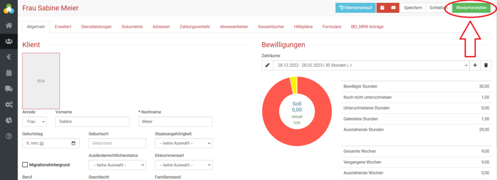 Eine:n gelöschte:n Klient:in wiederherstellen in BEWO-Online