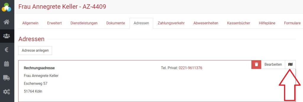 Adressen Reiter der digitalen Klient:innenakte in BEWO-Online, Google Maps Funktion