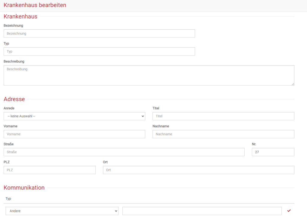 Krankenhaus anlegen in BEWO-Online, Adressdaten, Rufnummer, Kontakt