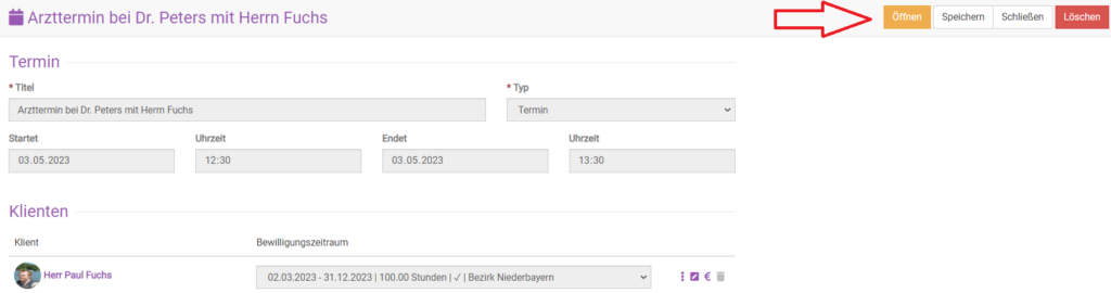 einen abgeschlossenen Termin in somedo Öffnen