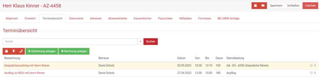 Terminübersicht anzeigen lassen in BEWO-Online