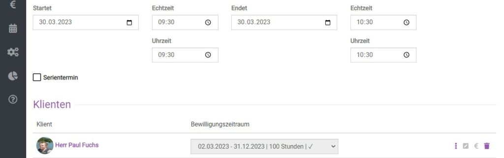 Bewilligungszeitraum in der Terminmaske von BEWO-Online