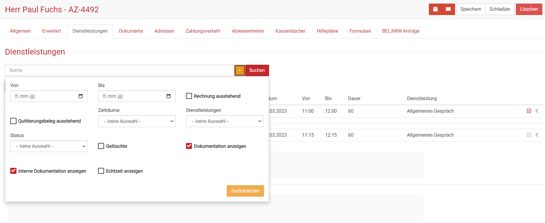 Interne und externe Dokumentation filtern im Reiter Dienstleistungen in BEWO-Online