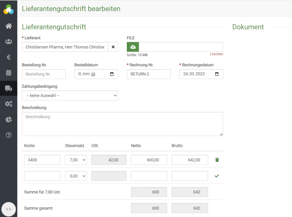 Lieferantengutschrift anlegen in der Warenwirtschaft von BEWO-Online