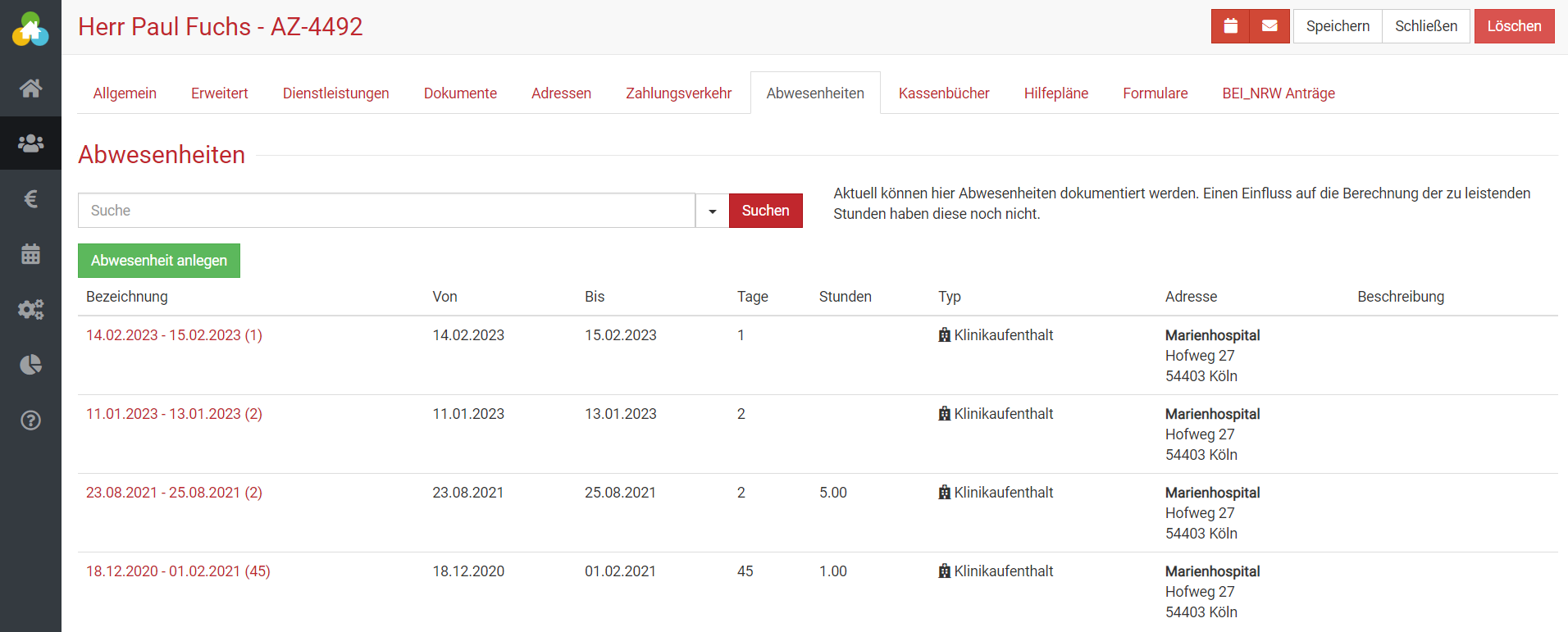 Reiter Abwesenheiten anzeigen in BEWO-Online