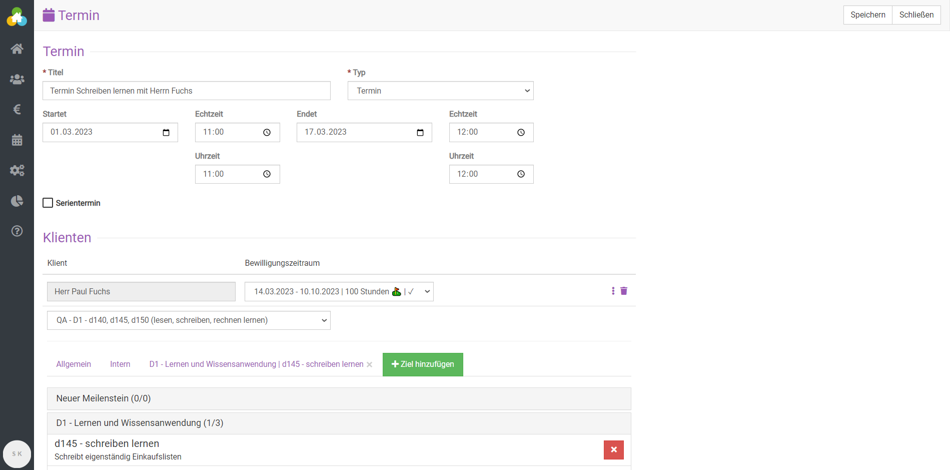 Einen zielgerichteten Termin nach Lebensbereich gemäß ICF-Kriterien in somedo anlegen