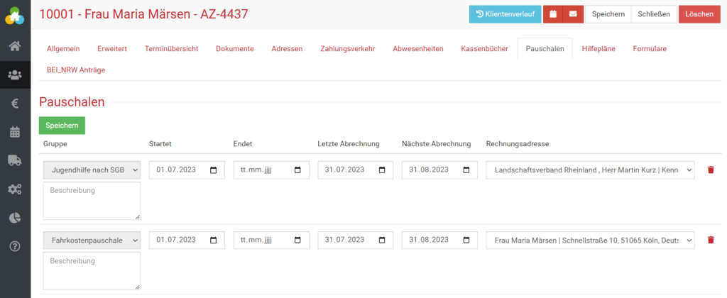 Fahrkostenpauschale als Pauschale in der digitalen Klient:innenakte von BEWO-Online