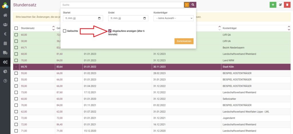 Nach abgelaufenen Stundensätzen filtern in BEWO-Online.