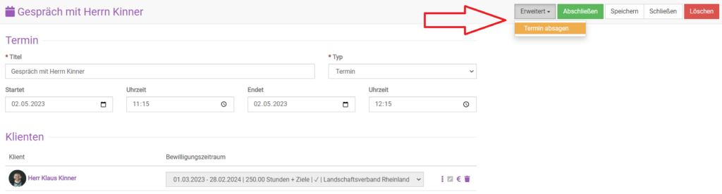 Terminmaske mit Fokus auf Termin absagen für Fehlkontakte