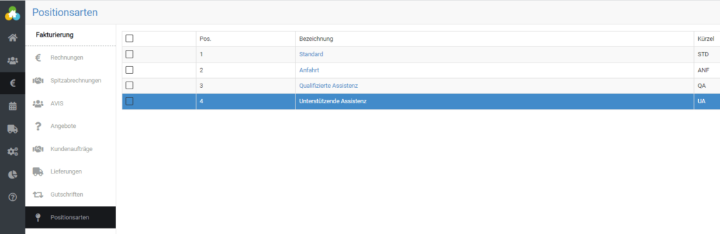 Übersicht von Positionsarten in BEWO-Online