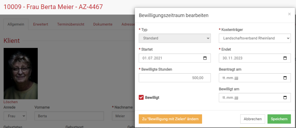 Bewilligungen zu Bewilligung mit Zielen ändern in BEWO-Online