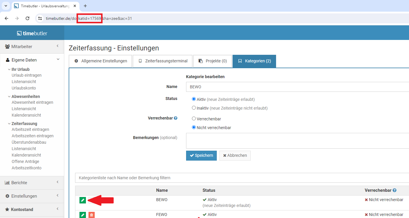 BEWO Online Timebutler Schnitstelle Kategorien ID