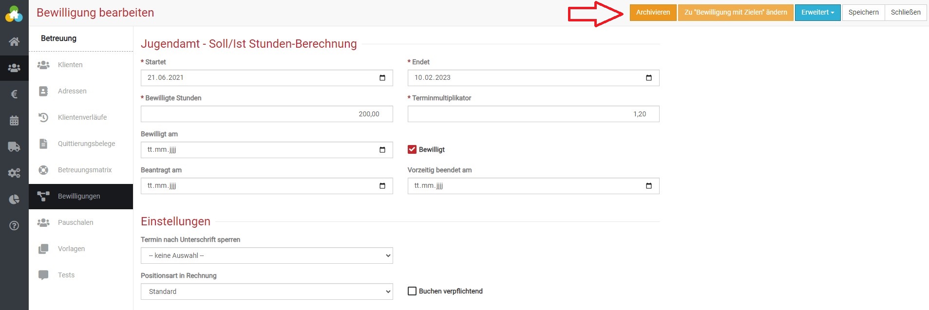 Bewilligung archivieren in BEWO-Online